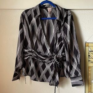 Vintage black cream long sleeve wrap style collared blouse by Covington